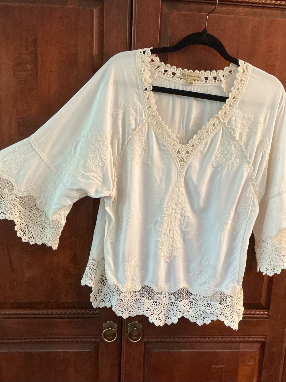 Democracy Cream Crochet-Trim Peasant Tunic M